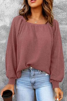 Square Neck Raglan Sleeve T... Capsule Wardrobe Pieces, Color Tops, Puff Sleeve Sweater, Neckline Designs, Waffle Knit Top, Fashion Pattern, Casual Sweaters, Off Shoulder Tops, Tops For Women