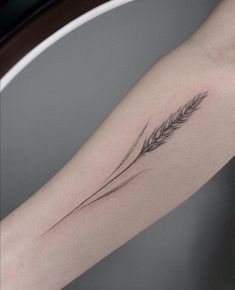 a woman's arm with a tattoo on it that has a single stalk of wheat