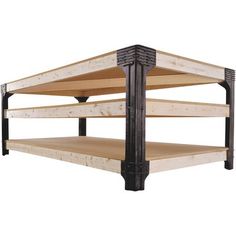 three tiered shelving unit with wooden shelves