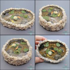 four pictures show how to make a miniature pie with flowers and fish in the water