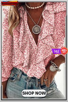 Ruffles Button V Neck Blouse Ladies Chiffon Shirts, Ruffle Fabric, Chiffon Fashion, Chic Type, Mini Robes, Ruffle Long Sleeve, Ruffle Shirt, Womens Tops Summer, Trend Fashion