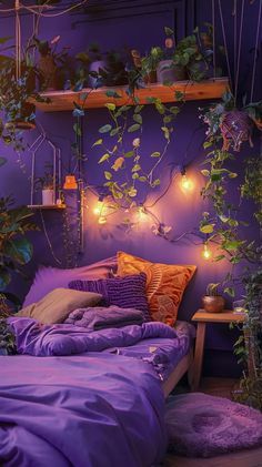 Purple Forest Bedroom, Romantic Bedroom Lighting, Dreamy Lighting, Lavender Bedroom, Forest Room, Bedroom Purple