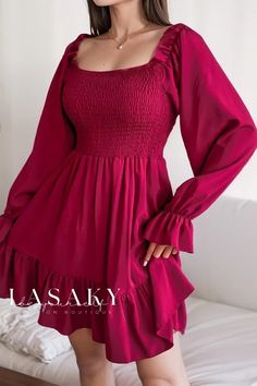 Lasaky - Solid Color Lace-Trimmed Loose-Fitting Dress with Long Sleeves and Collar Flare Long Sleeve, Square Neck Dress, Puff Long Sleeves, Ruffle Hem Dress, Smocked Dress, Flounce Sleeve, Solid Dress, Hem Dress, Types Of Skirts