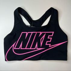 Cute Black And Pink Sports Bra By Nike! Racerback. Neon Pink Swoosh And Logo Decals. Size Extra Small. Nwot. Authentic I Am A Posh Ambassador, So Purchase With Confidence No Tradesno Pplno Low Balls Sporty Fitted Tops With Logo, Fitted Sporty Tops With Logo, Pink Sweat Resistant Sports Bra, Pink Breathable Sports Bra, Pink Breathable Sports Bra For Sports Events, Sweat-resistant Pink Sports Bra, Pink Sweat-resistant Racerback Sports Bra, Pink Sports Bra For Sports Events, Functional Pink Sports Bra For Sports Events