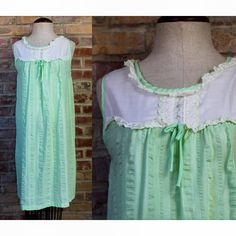 "Cutest cotton slip from the 1960s! Feels like walking barefoot through the garden at sunrise. Vibrant light green color with stripe details down the front and an empire waist. Lace ornaments across the chest, featuring dainty floral embroidery. This piece is lightweight, breezy, with that one of a kind feeling. Green fabric has an almost sheer quality to it. No tags or labels to be found. Estimated size S. Please see measurements for accurate fit. Measurements (taken laid flat, doubled where ne Green Spring Sleepwear For Bedtime, Green Cotton Nightgown For Sleep, Green Cotton Nightgown For Loungewear, Green Summer Nightgown For Sleepover, Vintage Cotton Nightgown For Spring, Spring Vintage Cotton Nightgown, Spring Green Sleeveless Sleepwear, Green Spring Nightgown For Loungewear, Green Sleeveless Summer Nightgown