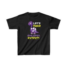 Kids Epilepsy Dinosaur T-Shirt  Let's Make Epilepsy Extinct | Epilepsy Awareness Tee | Gifts | Black Dinosaur Print Short Sleeve T-shirt, Black Short Sleeve T-shirt With Dinosaur Print, Funny Black T-shirt With Dinosaur Print, Adopted Children, Kids Tops, Go On, Funny Tshirts, Heavy Cotton, Cotton Tee