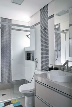 four different pictures of a bathroom with toilet, sink, and shower in one photo