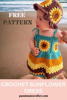 a baby wearing a crochet sunflower dress on the beach with text overlay that reads, free pattern