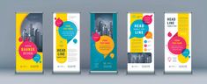 three roll up banners with different colors and shapes on the front, back and sides