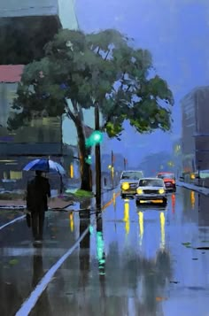 a painting of people walking in the rain with umbrellas