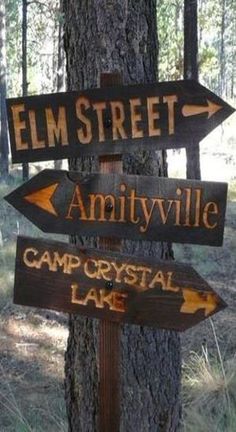 wooden signs pointing to different locations in the woods