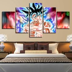 the dragon ball super saishi wall art canvas print set in a bedroom with white bedding