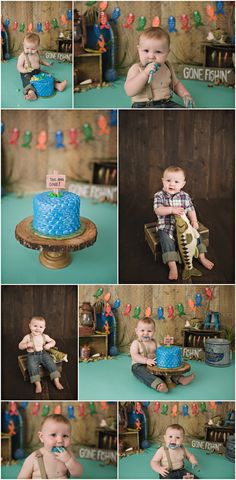 a collage of photos shows a baby sitting in front of a blue cake