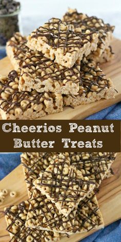 chocolate peanut butter treats stacked on top of each other with the words cheerios peanut butter treats