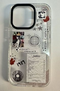 a plastic case with various stickers on it