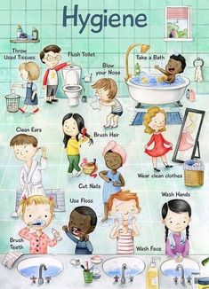 a poster with children in the bathroom doing different things to wash their hands and feet