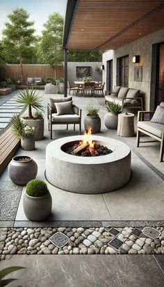 a fire pit sitting on top of a cement patio