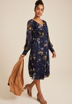 Floral Long Sleeve Midi Dress - Materials & Care:imported - 100% polyester - machine wash New Jeans Top, Midi Dress Blue, Adaptive Clothing, Skirt Crop, Maurices Dresses, Sleeve Midi Dress, Long Sleeve Midi, Plus Dresses, List Style