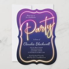 a party card with neon lights on it