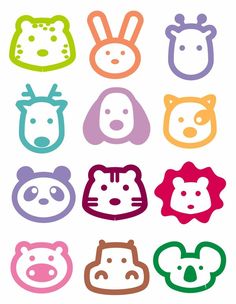 an assortment of animal faces in different colors