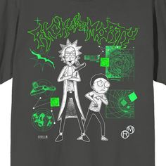 an image of rick and mort on a dark t - shirt