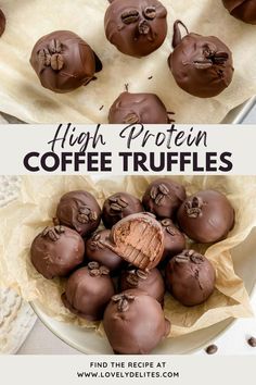 chocolate covered coffee truffles on a plate with the words high protein coffee truffles