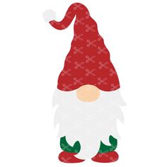 a red and white christmas gnome with green legs, wearing a red hat and holding his hand up to the side