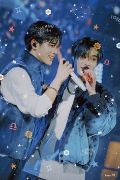 two young men standing next to each other in front of stars and confetti