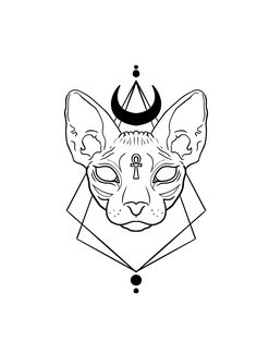 a drawing of a cat with a crescent on it's head and an arrow above its head