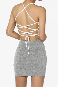 LIMITED EDITION Strappy Open Back Mini Dress HEATHER GREY_1 Fitted Halter Top With Built-in Bra And Cross Back, Fitted Halter Neck Bodycon Dress With Straps, Sleeveless Spring Bodycon Dress With Lace-up Back, Date Night Lace-up Backless Dress With Strappy Back, Date Night Backless Dress With Lace-up And Strappy Back, Backless Dress With Crisscross Straps For Date Night, White Halter Top For Spring Club Occasions, White Halter Top For Spring Clubbing, Stretch Backless Mini Dress With Straps