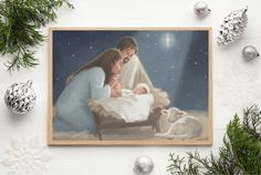 a painting of a woman holding a baby in her lap with christmas decorations around it