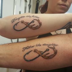 two people with matching tattoos on their arms that read daughter and brother, then we are daughters