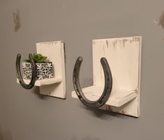 two horseshoes are mounted to the wall with hooks on each side and one has a potted plant in it