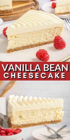 vanilla bean cheesecake on a white plate with raspberries and the title overlay reads vanilla bean cheesecake