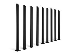 six black poles are lined up in a row on a white background, with one standing out from the crowd