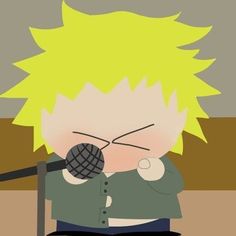 a cartoon character holding a microphone in front of his face and looking at the camera