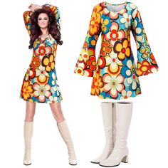 PRICES MAY VARY. 60S 70s Women's Hippie Costume Set: you will receive 1 piece of women's floral hippie dress, 1 pair of white leather knee high boots, the practical and thoughtful combination will bring you charming charm and make you the focus of the theme party Quality Material: 60s 70s floral hippie dress is made of polyester, suitable for people of different ages, the upper of the white boots is made of PU and the sole is made of rubber Retro 70s Floral Dress: the 70s hippie dress size is XX 1960s Halloween Costumes, 1970's Outfits, Decade Day Outfits Spirit Week, 60s 70s Outfits, 70s Outfits Women, 70s Costumes, 70s Halloween Costume, Disco Dresses, Decades Day Outfits