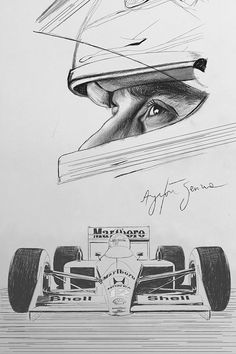 a pencil drawing of a race car with the driver's face in the background