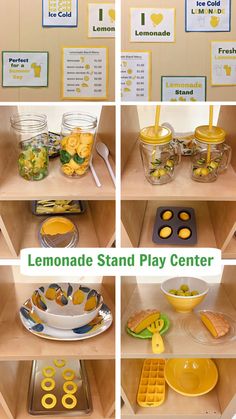 A lemonade stand dramatic play center with much more than lemonade for sale! Loose parts complement the center offerings. Dramatic Play Centers Preschool, Dramatic Play Ideas, Toddler Sensory Bins