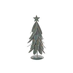 a small metal christmas tree on a stand with star decorations in the shape of trees