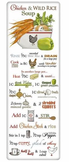 chicken and wild rice soup poster with the words in different languages, including an image of carrots