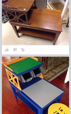 two pictures one with a lego table and the other with a toy house on it