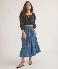 Corinne Chambray Maxi Skirt – Marine Layer Ribbed Skirt, Tiered Maxi Skirt, Marine Layer, Skirt Fits, Crop Blouse, Summer Accessories, Swimwear Tops, Chambray, Soft Fabric