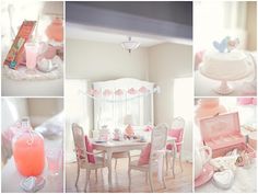 a collage of photos with pink and white furniture in the middle, including a cake on a table