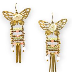 Dangling butterfly with gemstone earrings Sundara Joon Brass Butterfly, Colorful Arrangements, Brass Beads, Family Affair, We Fall In Love, The Butterfly, Purple Amethyst, Gemstone Earrings, Ear Piercings