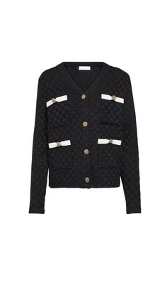 Made with a unique black weave design, this cardigan adds a touch of edgy sophistication to your wardrobe. Stay cozy and stand out with this must-have piece. Cross-Staining Test Main: 63% Polyester 27% Cotton 8% Wool 2% Metallic Fiber Bow: 66% Viscose 20% Polyamide 13% Polyester 1% Elastane Colour may vary due to lighting on images. The product images (without model) are closest to the true colour of the product.Item runs true to size chart and is cut to suit our size chart. Please refer to our size chart for the best fit. Do not size up or down. Chic Cable Knit V-neck Cardigan, Black Textured Knit Long Sleeve Cardigan, Designer V-neck Cardigan For Fall, Chic Textured Knit V-neck Cardigan, Chic Long Sleeve Cable Knit Cardigan, Designer Fall Sweater For Work, Luxury Fall Cardigan, Chic Jacquard Knit Sweater For Work, Trendy Cable Knit Cardigan For Workwear