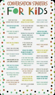 a poster with the words conversation starter for kids on it and polka dots around it