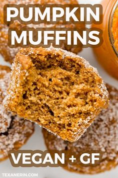 pumpkin muffins with vegan gf on top and text overlay that reads, pumpkin muffins vegan + gf