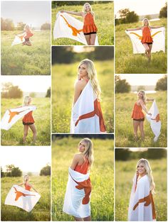 a woman in an orange and white dress is posing for pictures with her scarf around her neck