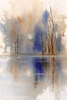 watercolor painting of trees reflecting in the lake